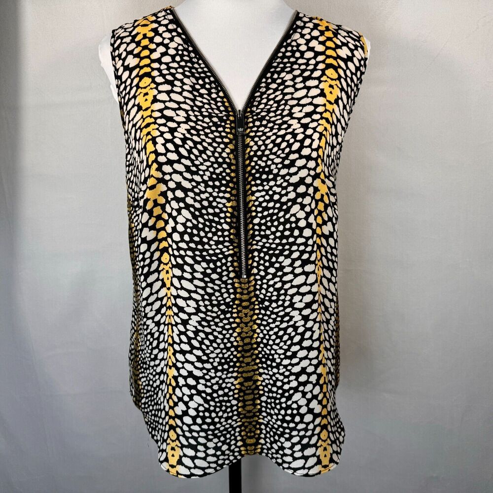 Chaus New York Top Sz M Yellow Black White Safari Front Zip V-Neck Sleeveless